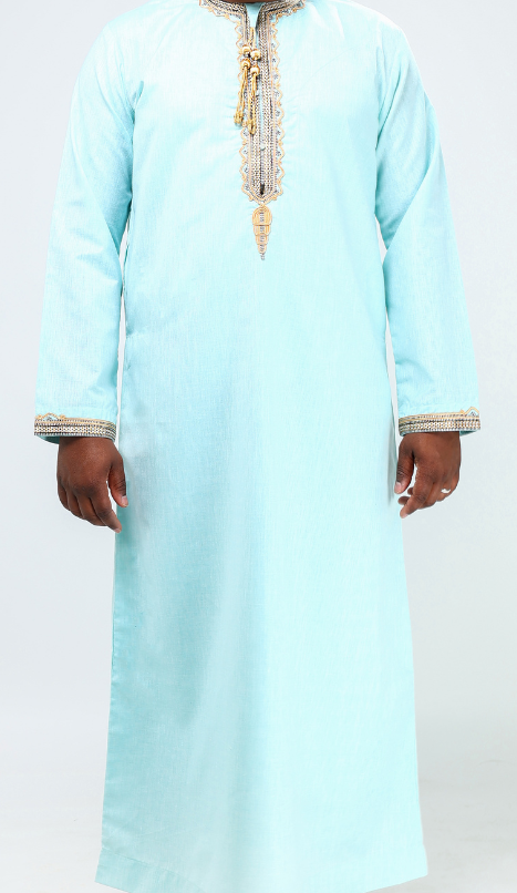 Qamis comorien vert eau broderie doré